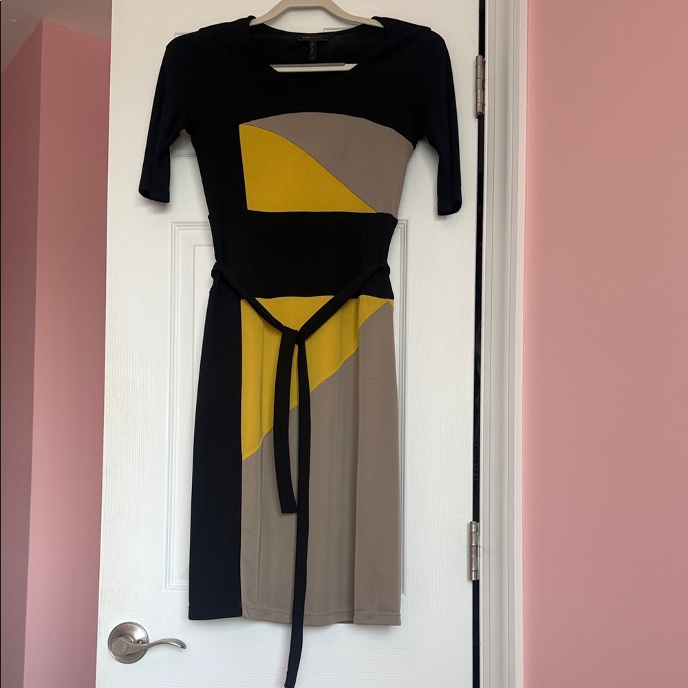 BCBGMaxAzria Black, Yellow & Taupe Colorblock Midi Dress